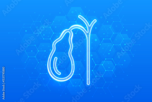 Gallbladder icon. Treatment and prevention of gallstone disease, cholecystitis, cholecystectomy, biliary dyskinesia. Molecular structure. Blue medical background with hexagons. Vector illustration.