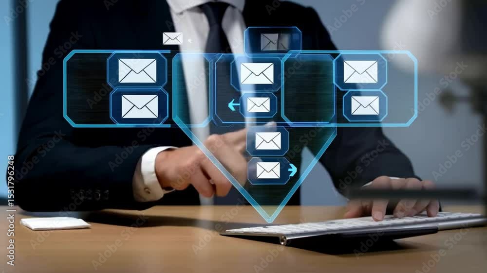 hombre ejecutivo trabajador haciendo clic en holograma de correo electrónico fraudulento intento