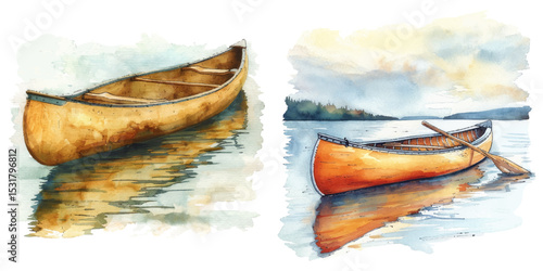 canoe on the lake watercolor vector illustration