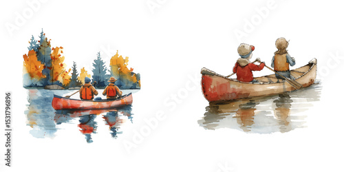 canoeing on a lake watercolor vector illustration