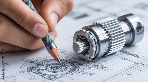 Technical drawing of mechanical part with engineer hand tools.