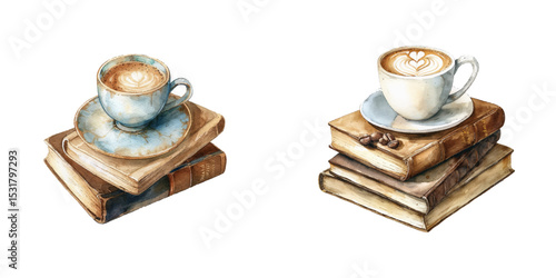 cappucino and book watercolor vector illustration