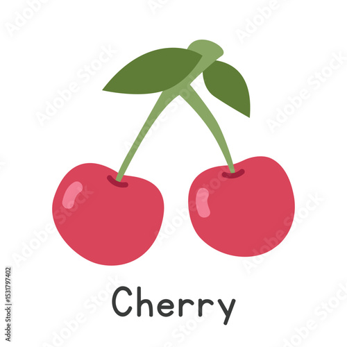 Cherry flat vector illustration. Red cherry fruit cartoon clipart style. Also known as Prunus avium, wild cherry, bird cherry, mazzard fruit, or gean. Common fruit and Stone fruit concept