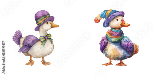mardi gras cute goose watercolor vector illustration