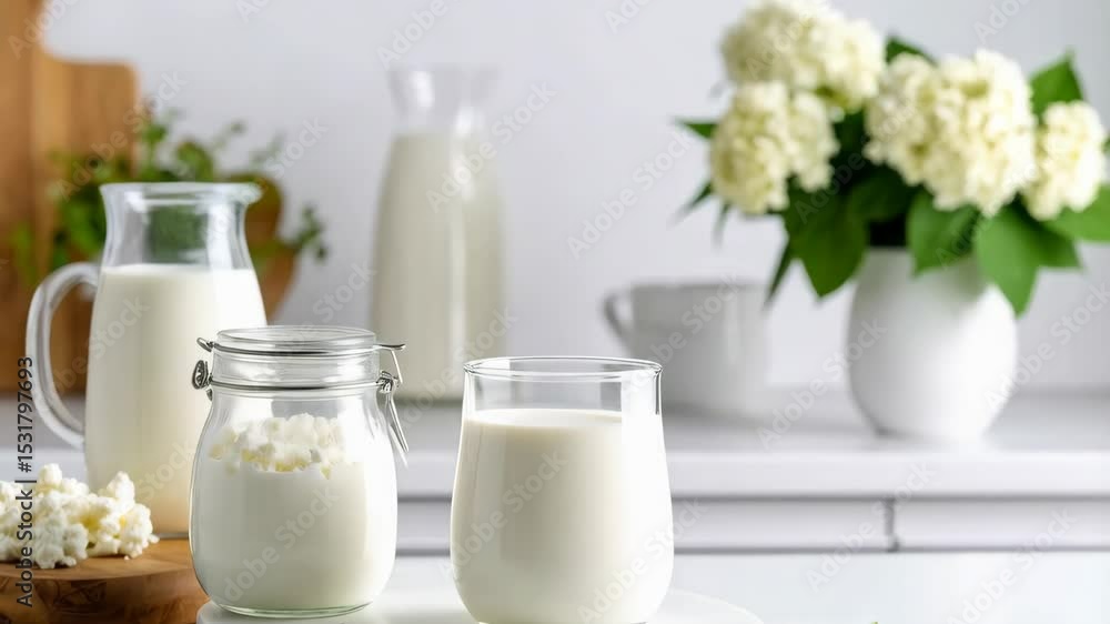 Preparing fresh kefir at home, glass of drinkable yogurt, flower vase, wooden board with spoon on white counter Preparing fresh kefir at home, glass of drinkable yogurt, flower vase, wooden board with spoon on white counter