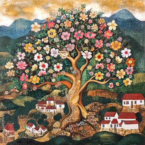 A vibrant, stylized painting of a blossoming tree, laden with colorful flowers, over a landscape with quaint villages and rolling hills.