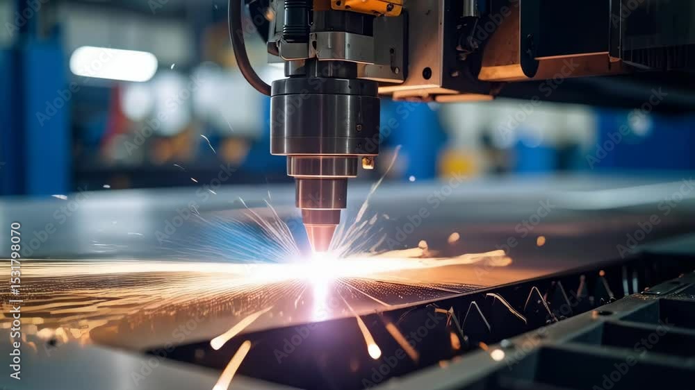 Automated industrial laser cutting machine precisely slicing flat metal sheet with bright sparks in factory environment Automated industrial laser cutting machine precisely slicing flat metal sheet with bright sparks in factory environment