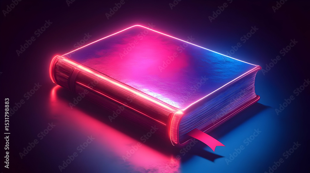 Glowing Book with Neon Lights on Dark Background Glowing Book with Neon Lights on Dark Background
