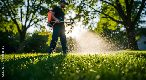 Man spraying fertilizer or pesticide on lawn in backyard