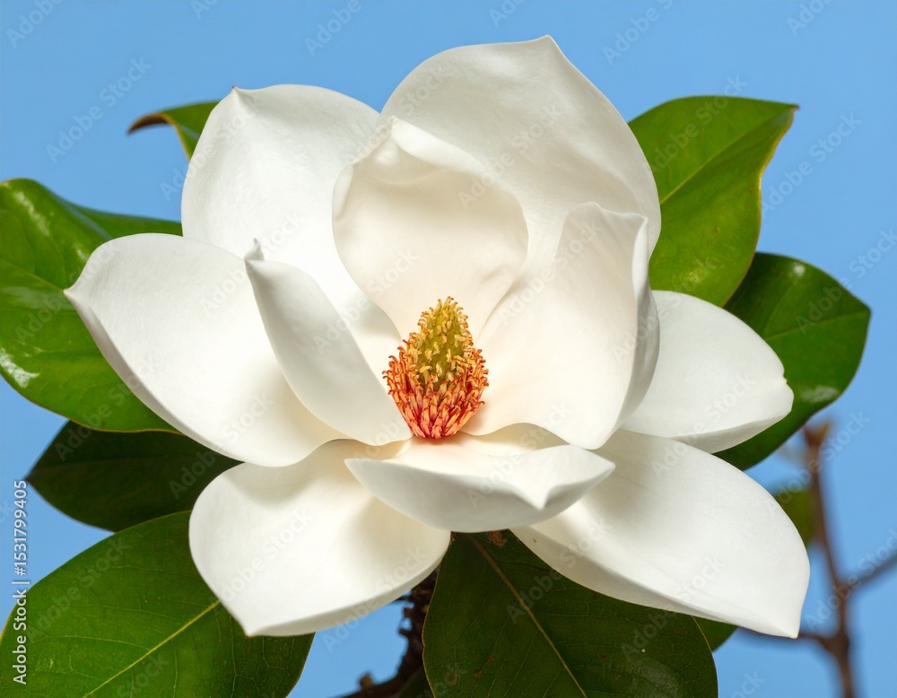 Fototapeta premium Stunning White Magnolia Grandiflora with Vibrant Center