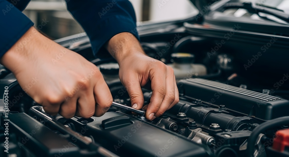 Auto Repair Detail: Technician Adjusting Components in Engine Compartment Close-Up of Engine Repair with Professional Tools Auto Repair Detail: Technician Adjusting Components in Engine Compartment Close-Up of Engine Repair with Professional Tools