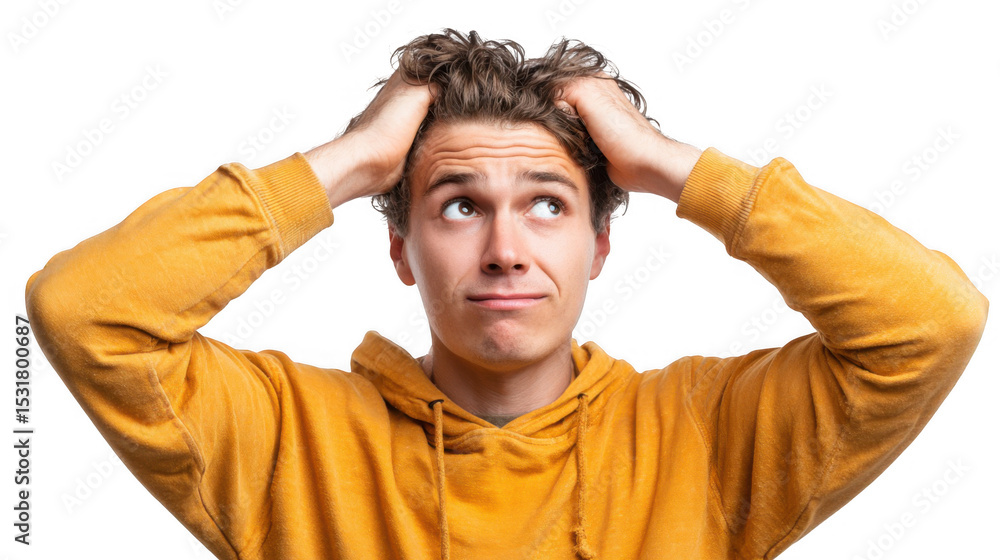Fototapeta premium Confused young man is holding his head with both hands, expressing frustration and uncertainty, looking up and wearing a casual yellow sweatshirt on a transparent background