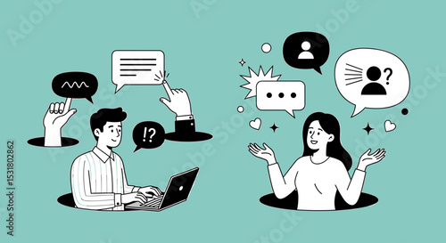 Digital Discourse: Illustration of two figures immersed in digital communication, symbolizing the exchange of ideas and expression in the online sphere. 