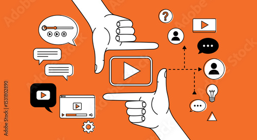 Content Creation in Focus: A conceptual illustration shows hands framing a video icon, encircled by communicative symbols. It's a symbolic representation of the creative process.