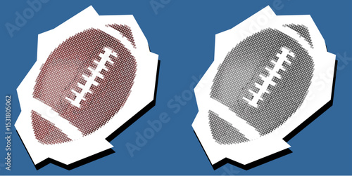 American football dotted collage element pointilize in paper torn vector for sports themes, team spirit, or dynamic athletic designs. It blends iconic imagery with a distressed, artistic texture.