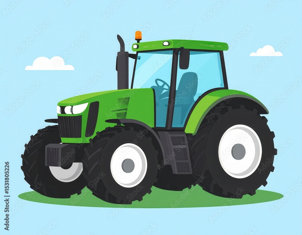Obraz premium Bright green tractor with large tires and enclosed cabin on grassy field under blue sky with clouds