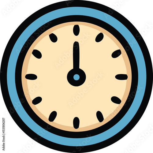 Icon Cute blue clock illustration displaying midnight with black hands and dots marking hours in a cartoon style