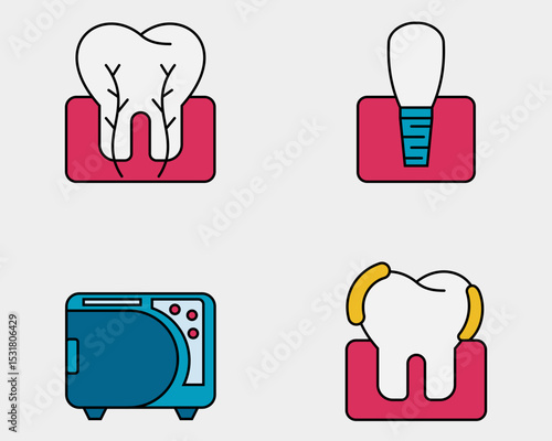 Dental icon set. Containing Tooth cross section, manicure, autoclave, plaque. filled outline icon style.