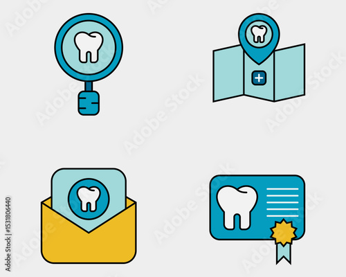 Dental icon set. Containing Dental search, place holder, confirm dental appointment, dental certified. filled outline icon style.