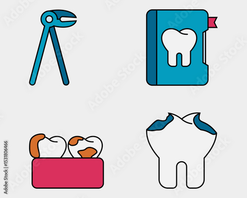 Dental icon set. Containing Forcep, Dental record, tar tar, Tooth Decay. filled outline icon style.