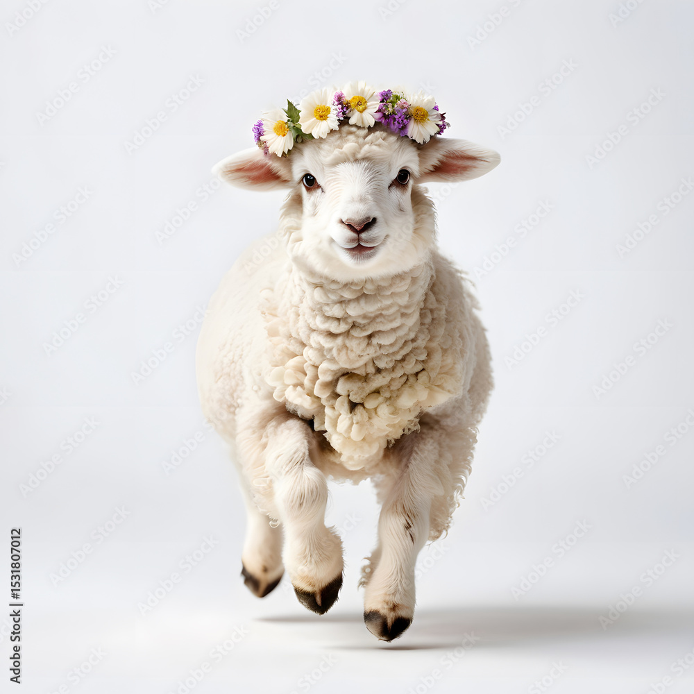 Fototapeta premium Adorable Lamb with Flower Crown: Springtime Cute Animal Photography