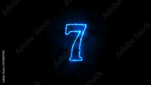 Number 7 neon thunder sign on black background