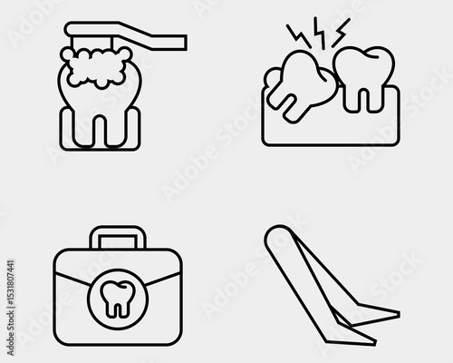 Dental icon set. Containing Brushing tooth, wisdom teeth, Dentist medical kit, tweezers. Outline icon style.