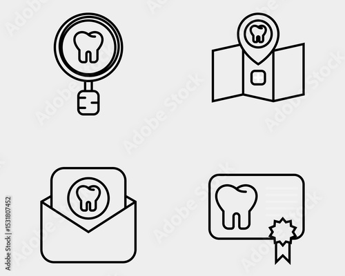 Dental icon set. Containing Dental search, place holder, confirm dental appointment, dental certified. Outline icon style.