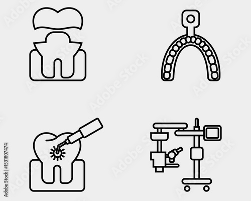 Dental icon set. Containing Gold crown, molds, Dental laser, surgical microscope. Outline icon style.
