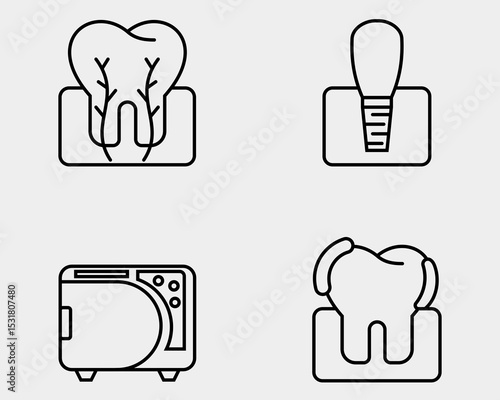 Dental icon set. Containing Tooth cross section, manicure, autoclave, plaque. Outline icon style.