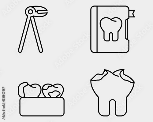 Dental icon set. Containing Forcep, Dental record, tar tar, Tooth Decay. Outline icon style. 