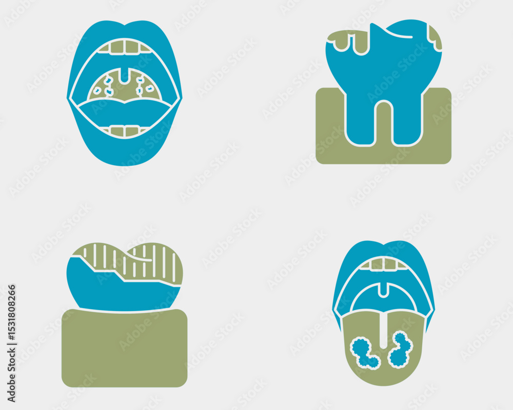 Naklejka premium Dental icon set. Containing Tonsillitis, cavity, darkened tooth, thrush. Solid dual color icon style