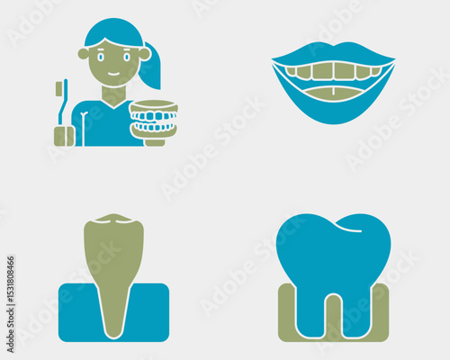 Dental icon set. Containing Dental hygienist, smile, premolar, molar. Solid dual color icon style