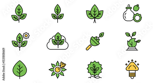 Vibrant Green Leaf Icons Nature Growth Ecology Set