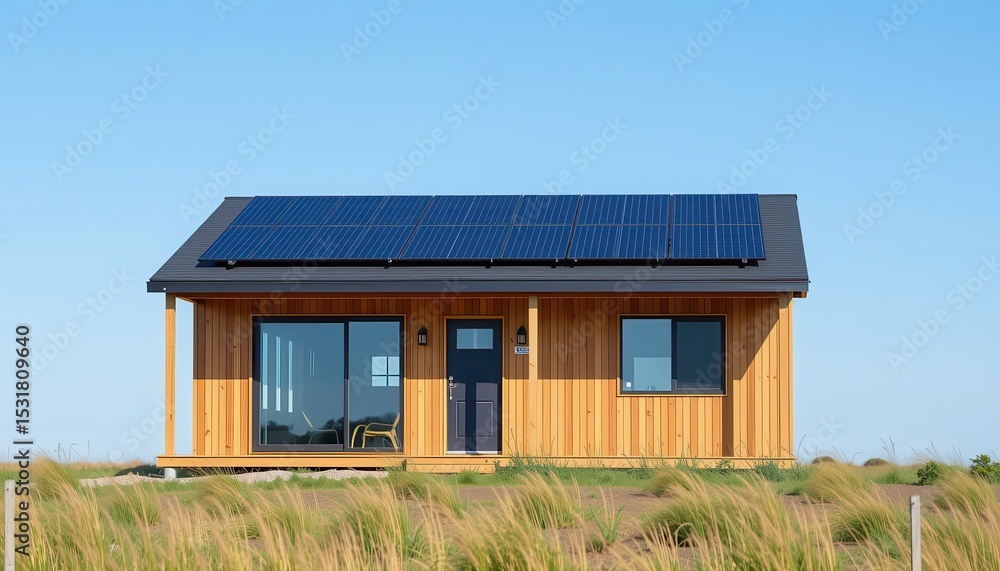 A modern wooden house with solar panels amidst tall grass under a clear blue sky. A modern wooden house with solar panels amidst tall grass under a clear blue sky.