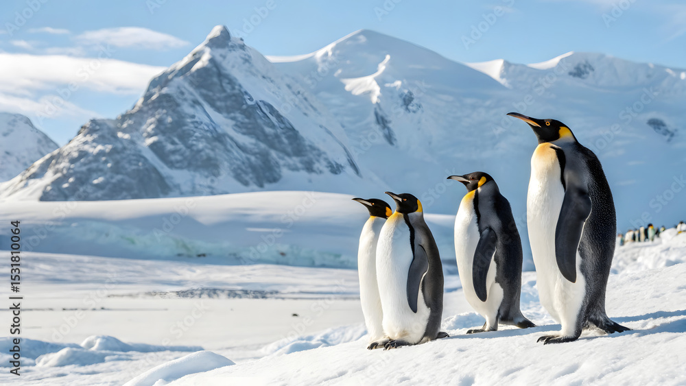 Fototapeta premium Royal King Penguins in Antarctic Snow with Majestic Mountains - Polar Wildlife & Winter Landscape