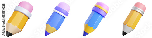 Cartoon pencil icon 3D render PNG set Transparent background