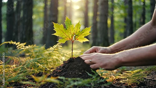A person planting a young maple tree in a lush forest, with sunlight filtering through the trees