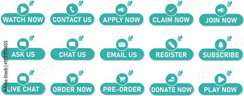 Button Pack. Set of modern teal vector buttons with icons and texts like "Watch Now", "Contact Us", "Join Now", ideal for websites, apps, UI/UX, e-commerce, and digital marketing.