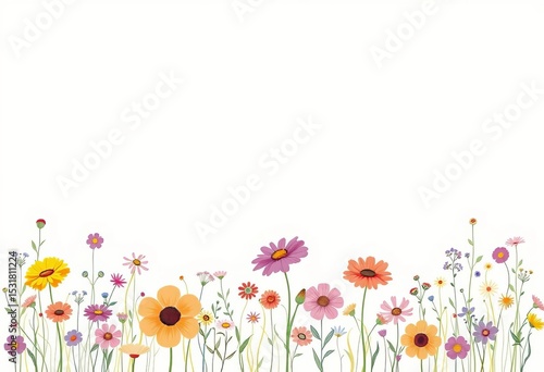 Fototapeta Naklejka Na Ścianę i Meble -  Delicate hand-drawn floral meadow border, continuous line art style, whimsical wildflowers,  nature,  element