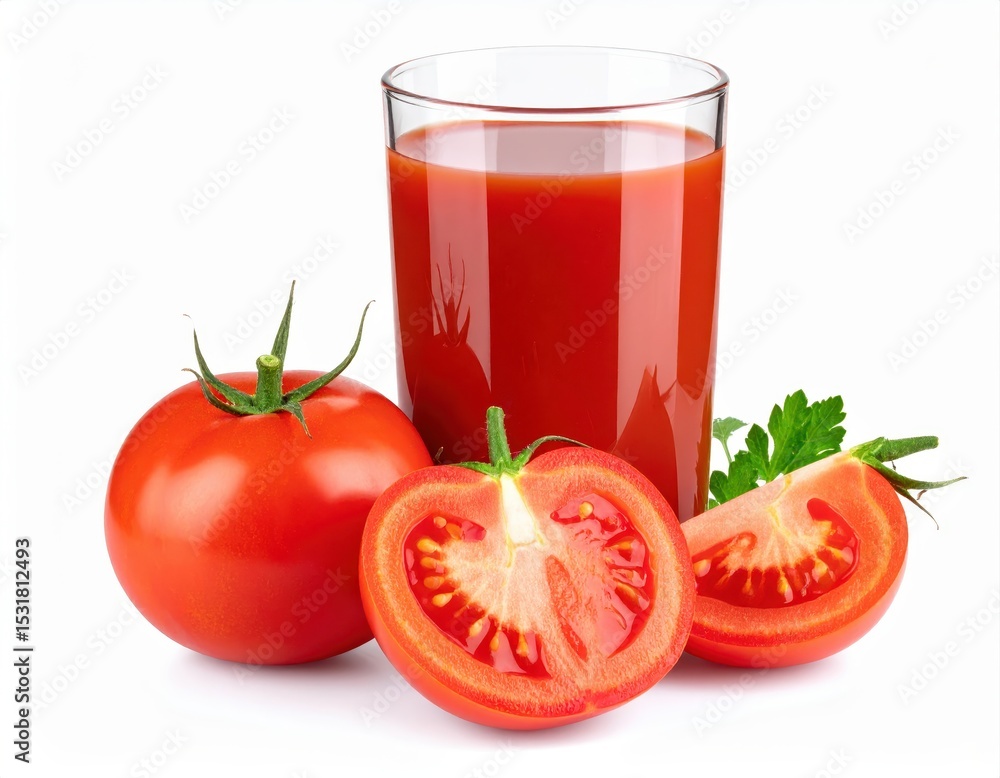 Fresh ripe tomatoes with sliced and whole tomatoes beside a glass of tomato juice on a white background Fresh ripe tomatoes with sliced and whole tomatoes beside a glass of tomato juice on a white background