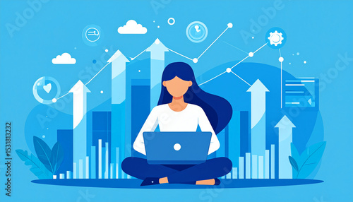 Flat Vector Illustration of Woman Analyzing Data on Laptop with Growth Charts
