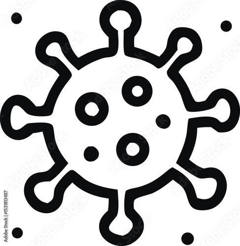Icon Black line art illustration of a virus particle with surface spikes, surrounded by tiny specks, on a white backdrop
