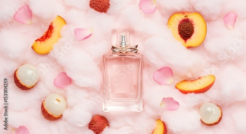 Perfume Bottle Surrounded by Lychees, Peach Slices, and Rose Petals. Mockup Image





