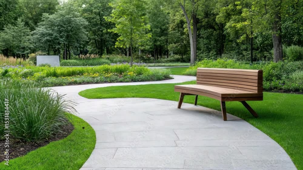Serene park pathway surrounded by lush greenery and cozy bench for ultimate relaxation in nature. Serene park pathway surrounded by lush greenery and cozy bench for ultimate relaxation in nature.