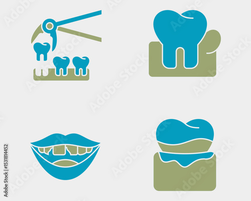 Dental icon set. Containing Tooth removal, swollen gum, chipped tooth, gingivitis. Solid dual color icon style.