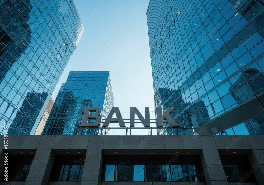 Naklejka premium A bank sign is displayed on a building between two modern skyscrapers