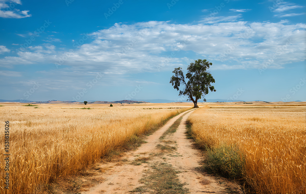 Obraz premium Solitary Tree in Golden Wheat Field Under Blue Sky