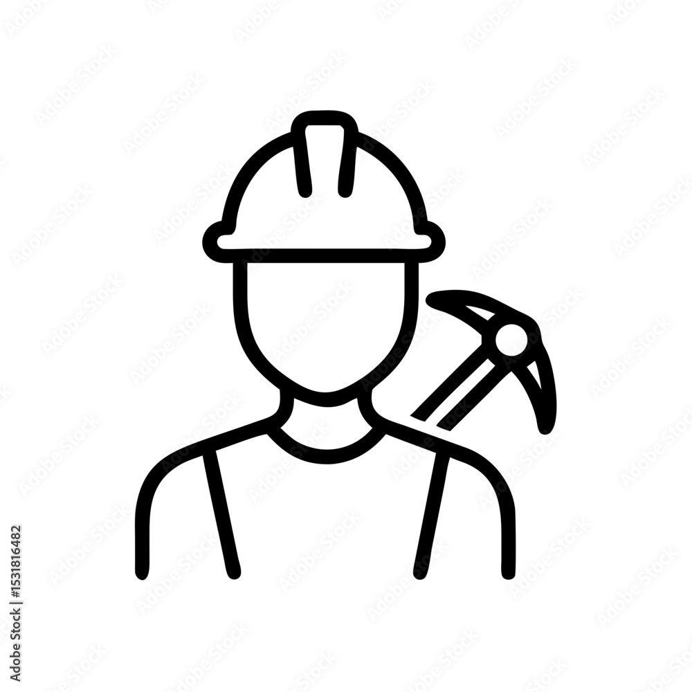 Miner wearing safety helmet with pickaxe against a plain background Miner wearing safety helmet with pickaxe against a plain background