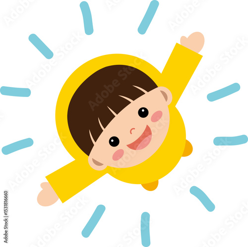 비를 맞고 있는 남자 아이